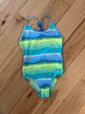 Under Armour Girls' Aqua, Blue & Lime Stripe One-Piece Swimsuit